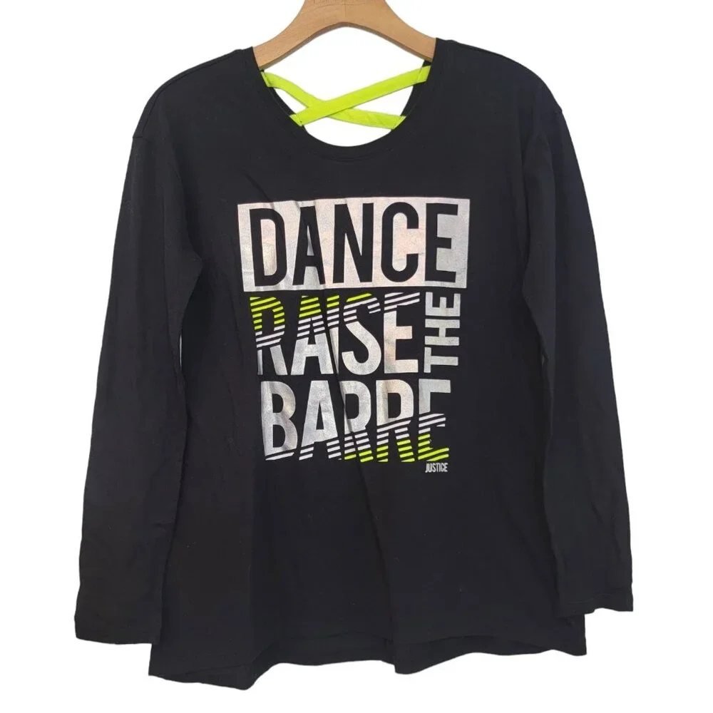 Justice Top Black Colorful Dance‎ Raise the Barre Top Shirt Ballet Size 14